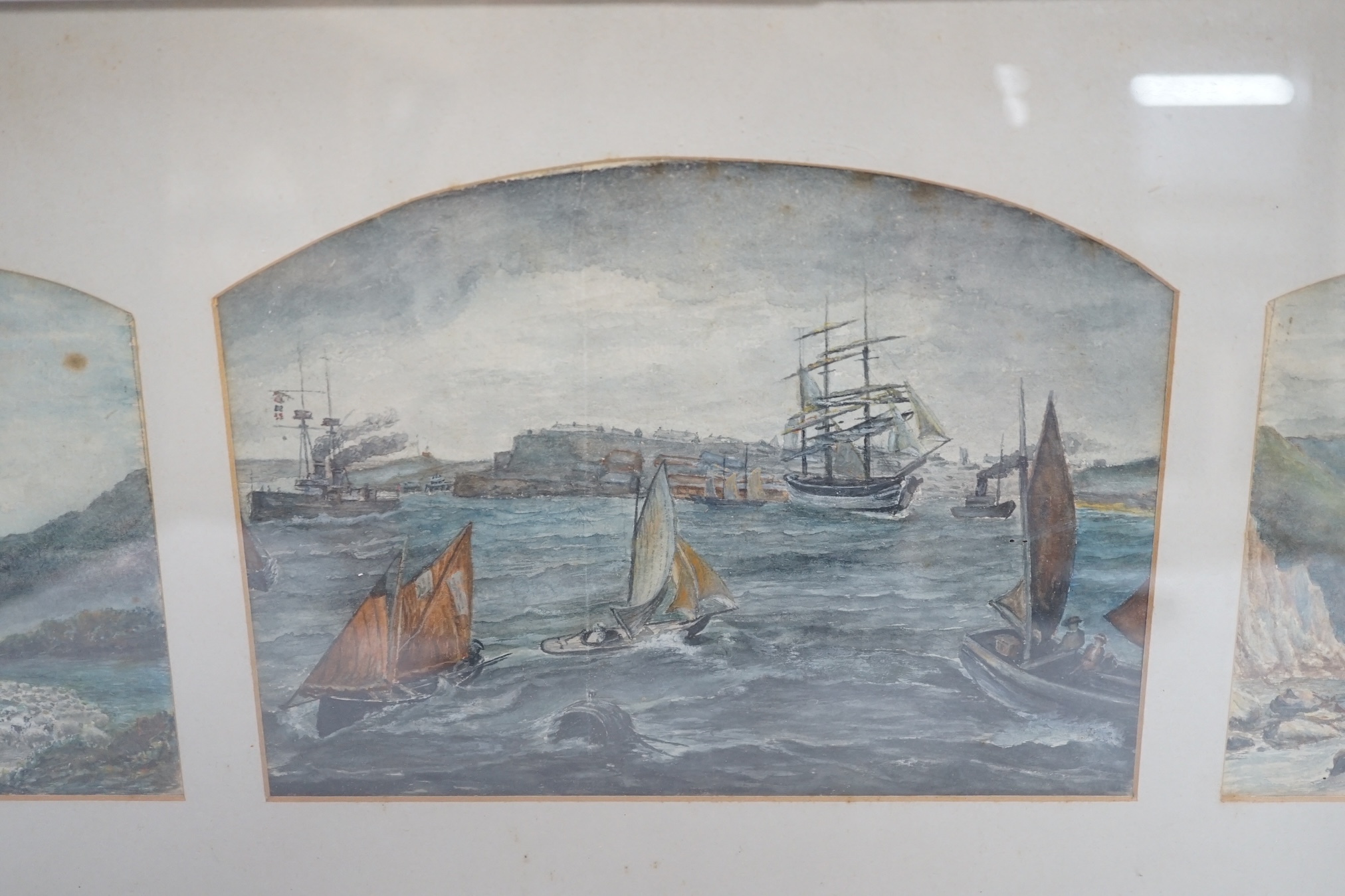 From the Studio of Fred Cuming. 19th century Naïve school, watercolour triptych, Coastal, land and riverscape, unsigned, overall 26 x 56cm. Condition - poor to fair